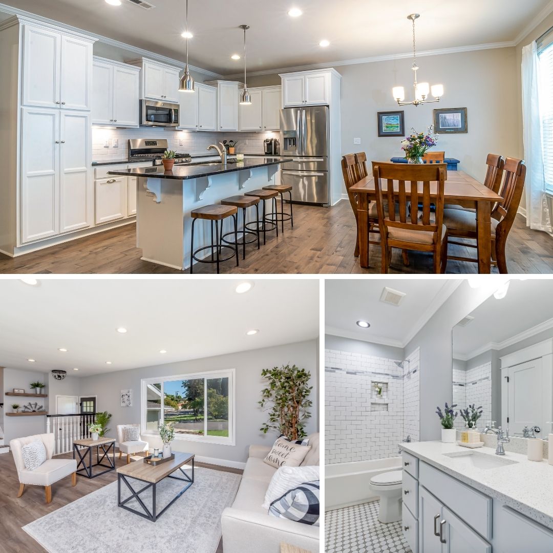Danville home renovation collage featuring a bright kitchen with white cabinets and a dark island, a cozy living room with modern furniture, and a pristine white tiled bathroom with a grey vanity.