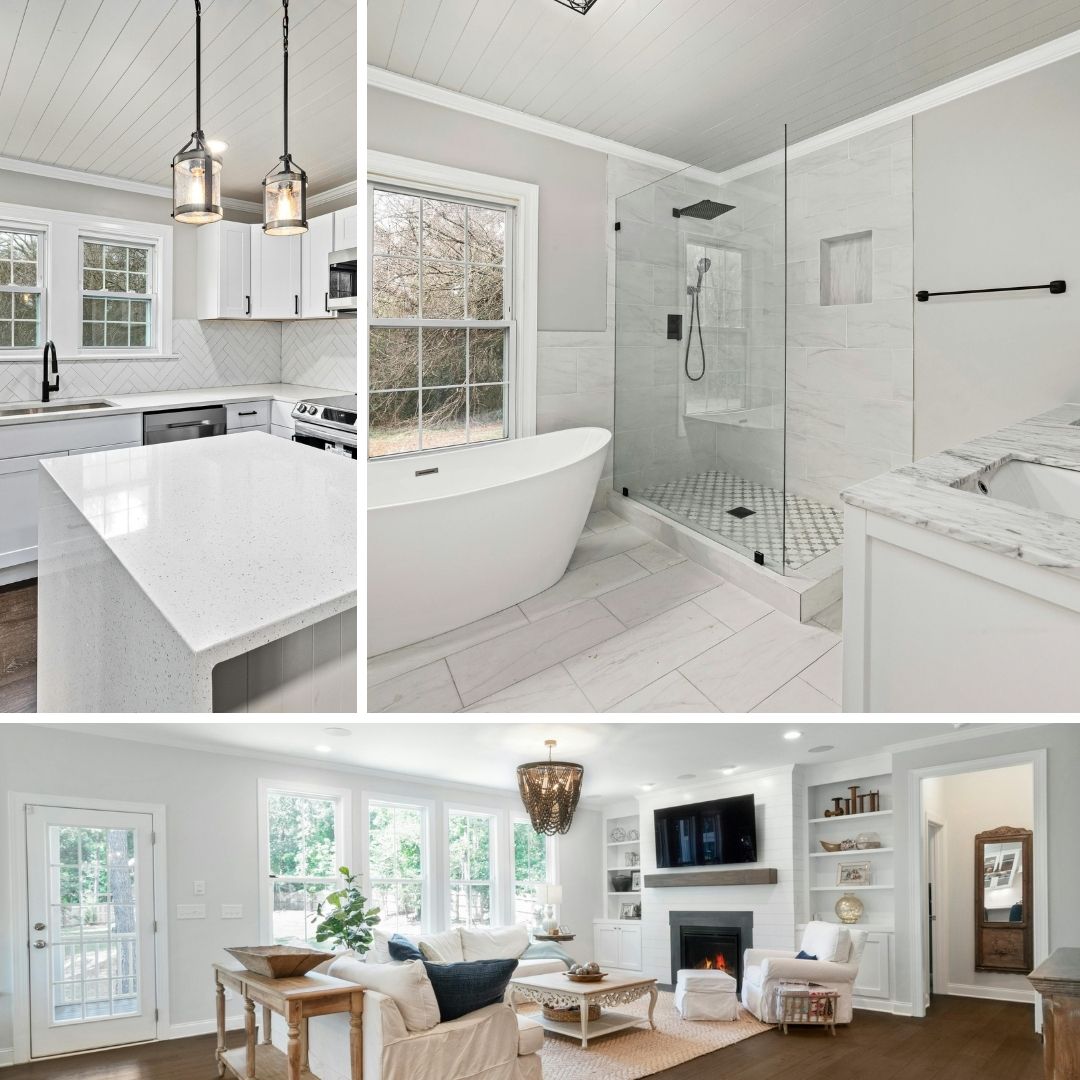 San Ramon home renovation collage displaying a bright white kitchen with quartz countertops, a master bathroom with a freestanding soaking tub, and a spacious living room with a white fireplace and built-in shelving.