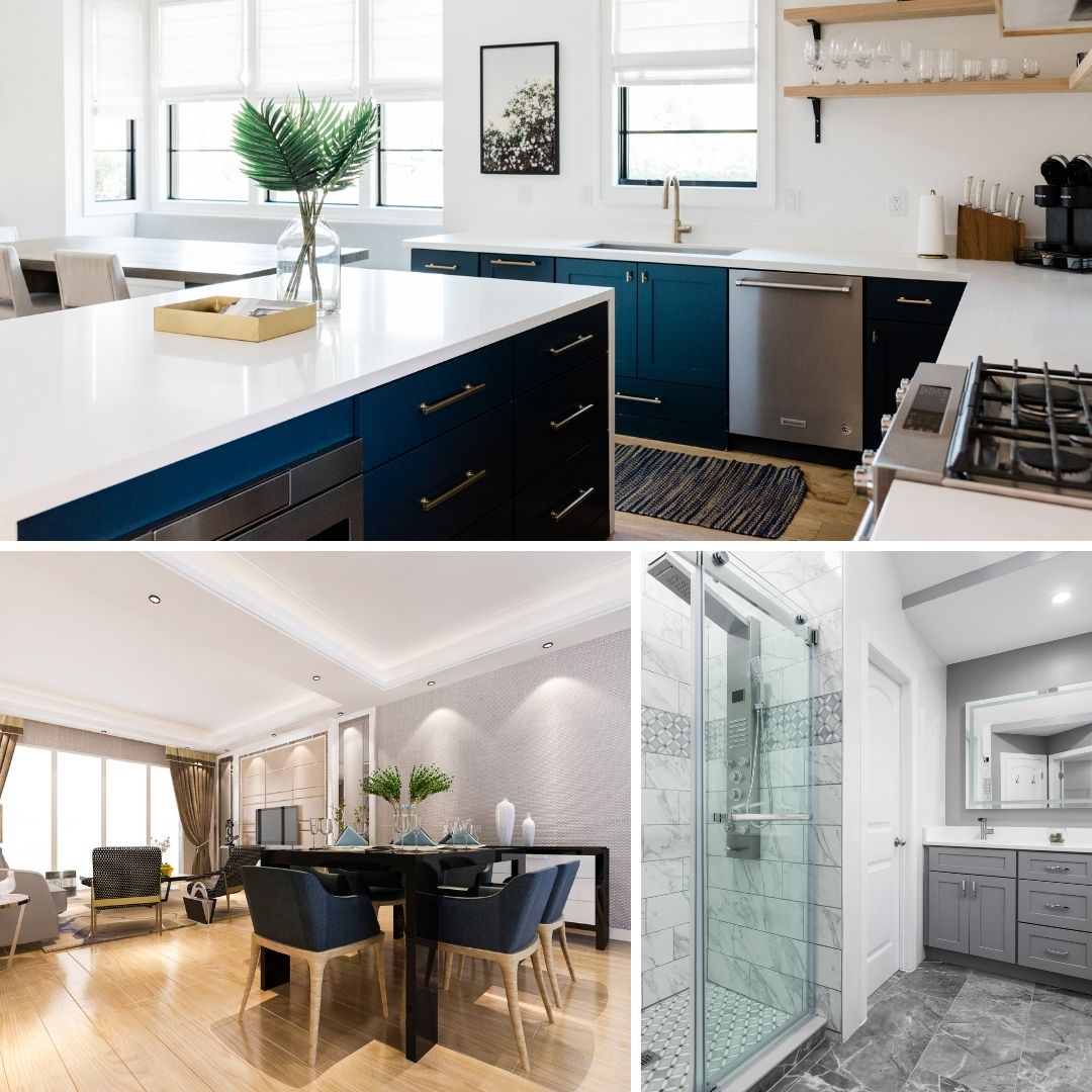 Collage of San Ramon remodeling projects featuring a modern kitchen with navy blue lower cabinets, a luxury dining room with modern lighting, and a contemporary bathroom with a glass shower and grey vanity.
