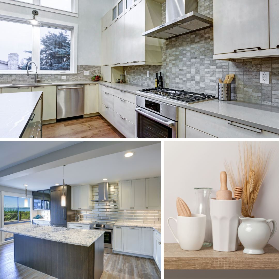 A collage of kitchens.
