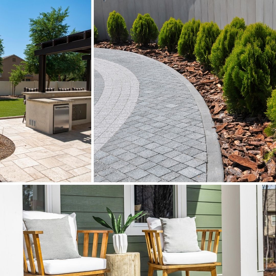 Stamped backyard patio designs and chairs