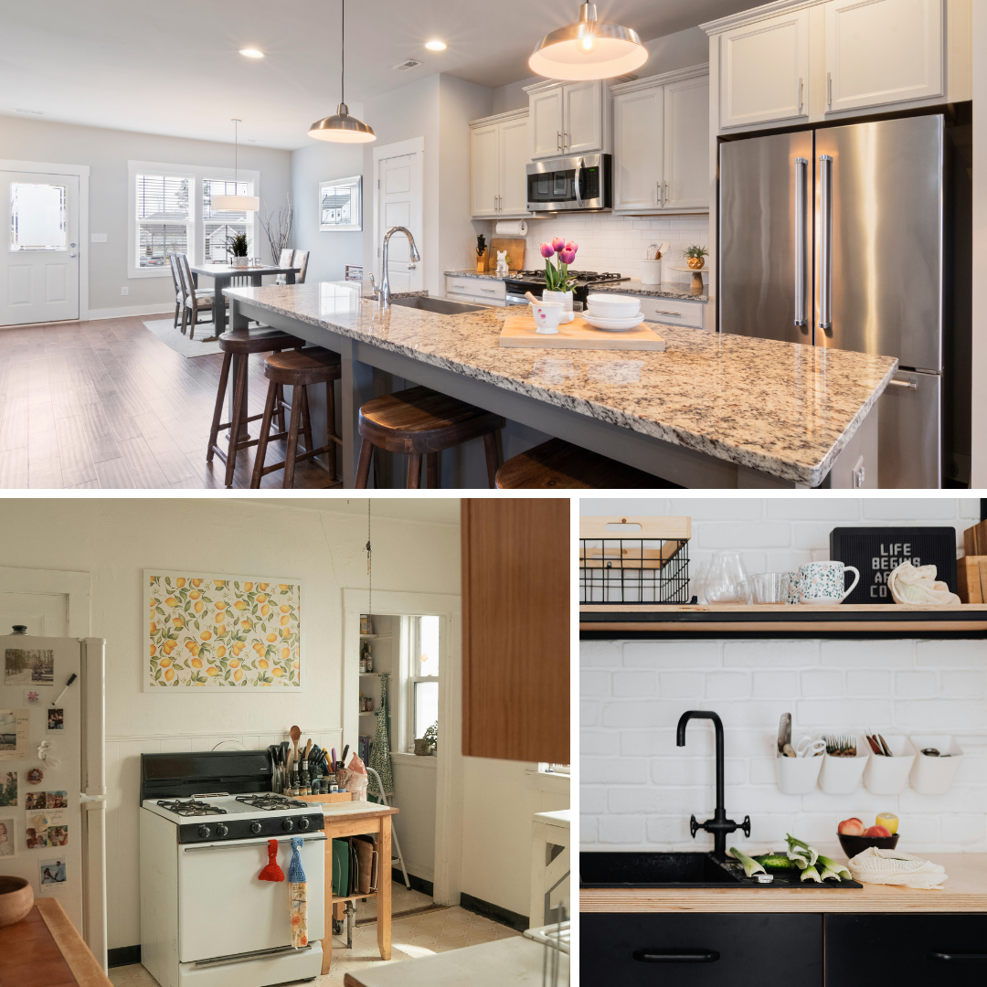 A collage of renovated kitchen designs.