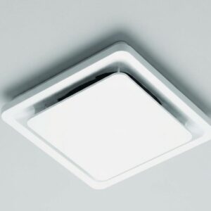 A close-up of a modern white bathroom exhaust fan installed on a ceiling.
