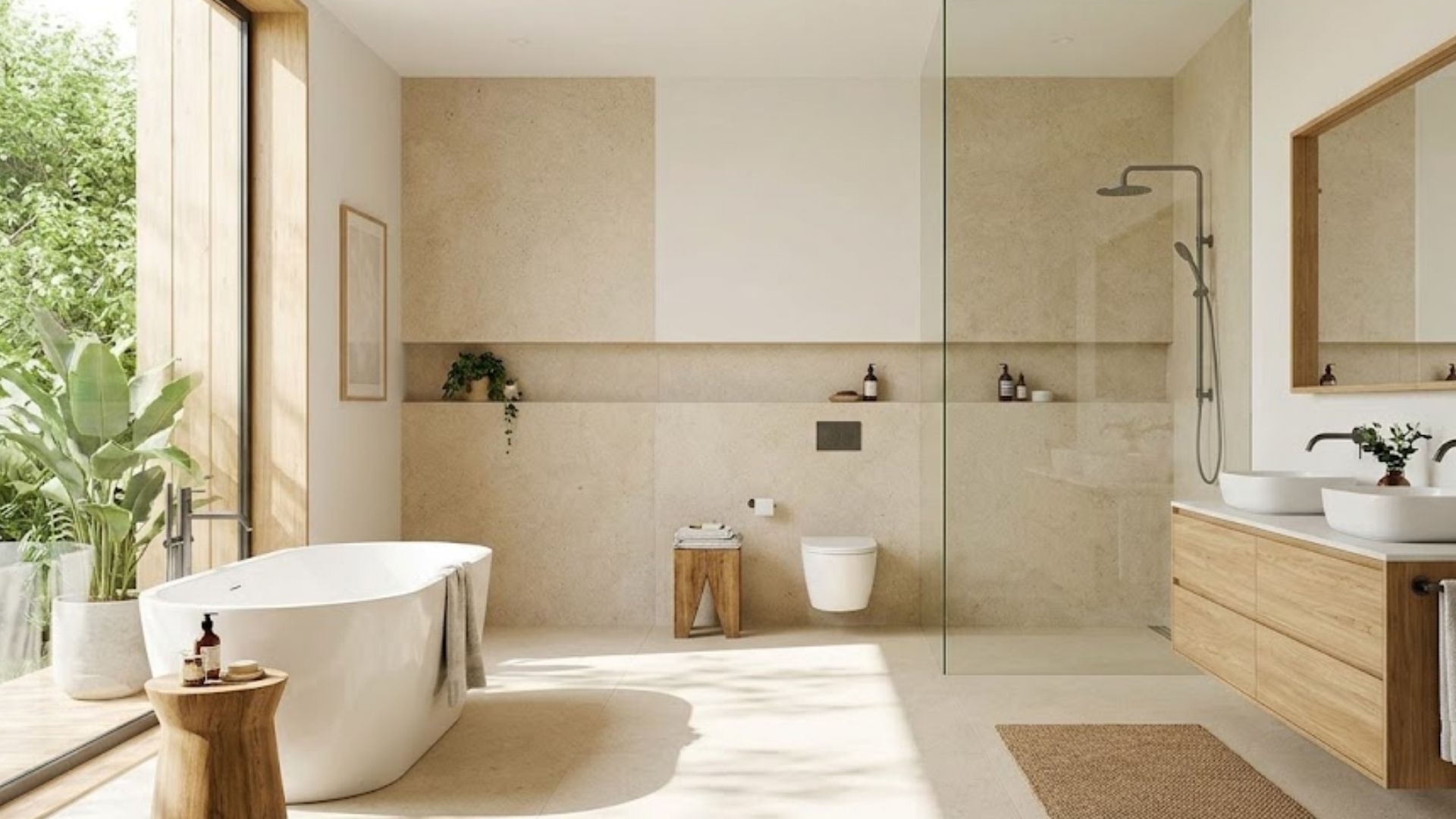 bright and airy modern bathroom with large windows displaying outdoor greenery.