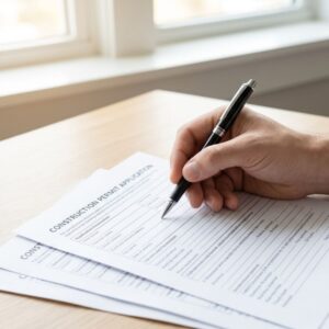A close-up view of a hand review multi-page permit paperwork on a sunlit wooden desk.