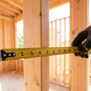 A close-up view of a tape measure actively checking new wood construction.