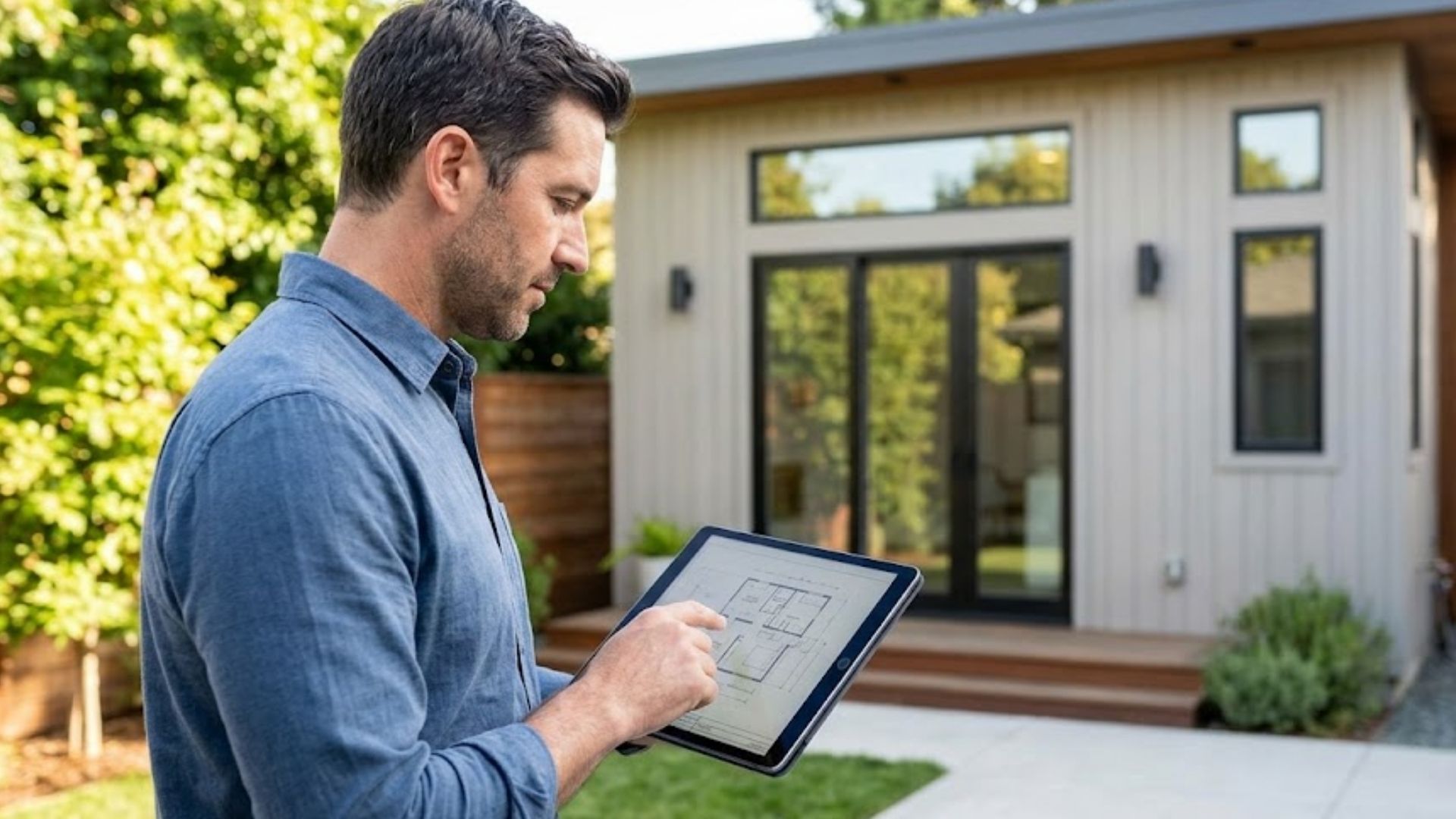 A builder in a backyard reviews plans for a new accessory dwelling unit on a tablet