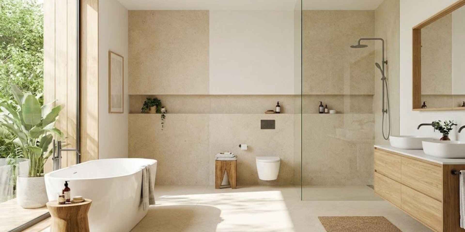 bright and airy modern bathroom with large windows displaying outdoor greenery.