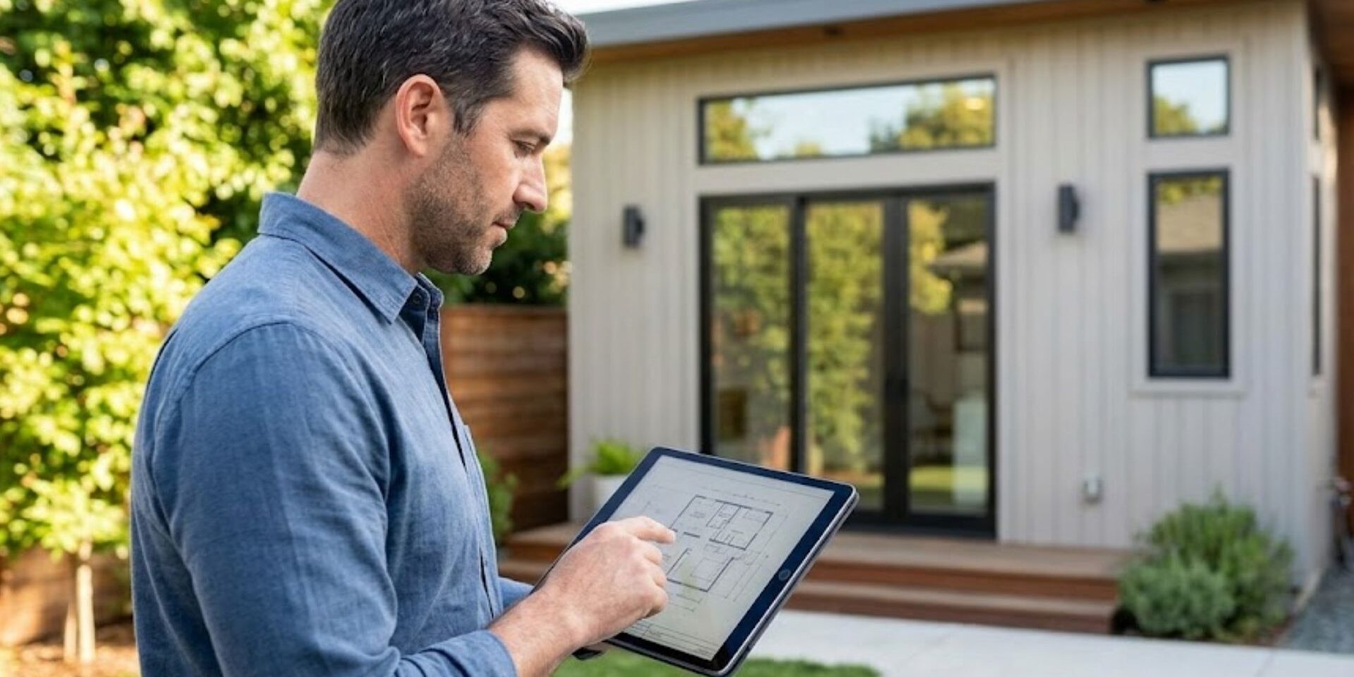 A builder in a backyard reviews plans for a new accessory dwelling unit on a tablet